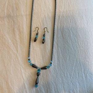 Women's 18in Blue and Gray Beaded Necklace and matching earrings